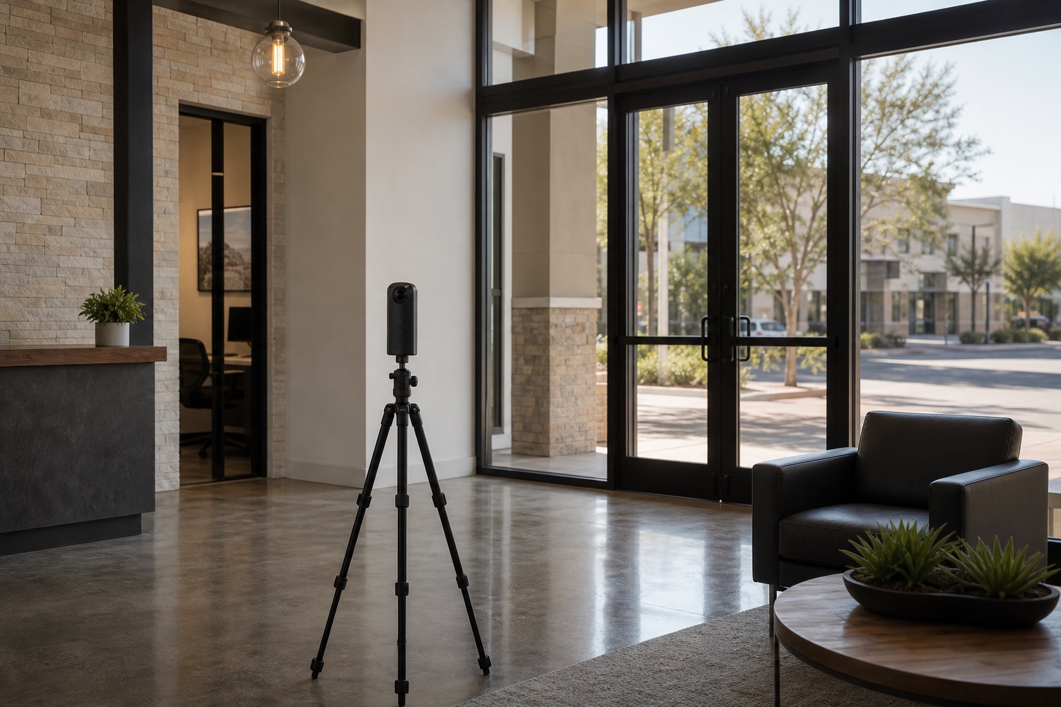 A compact 360 camera set up inside a modern commercial lobby
